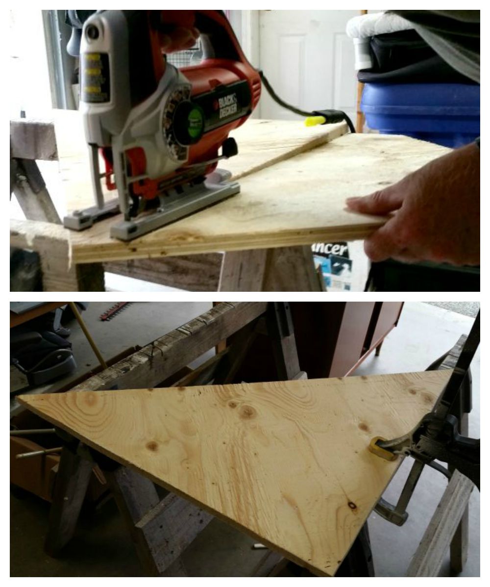 cutting the wood frame to cap the corner shelf in the front entry