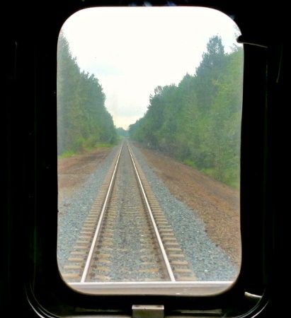 view of the track off the bar car on Via Rail